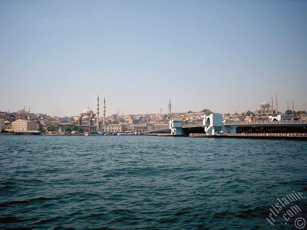 View of Eminonu coast, (from left) Sultan Ahmet Mosque (Blue Mosque), Yeni Cami (Mosque), (at far behind) Beyazit Mosque, Beyazit Tower, Galata Brigde and Suleymaniye Mosque from the shore of Karakoy in Istanbul city of Turkey.
