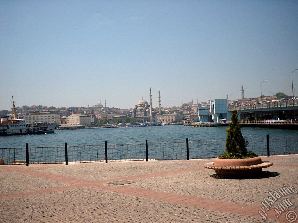 View of Eminonu coast, (from left) Sultan Ahmet Mosque (Blue Mosque), Yeni Cami (Mosque), (at far behind) Beyazit Mosque, Beyazit Tower and Galata Brigde from the shore of Karakoy in Istanbul city of Turkey.
