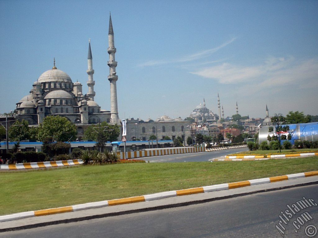 View of Yeni Cami (Mosque), Suleymaniye Mosque and below Rustem Pasha Mosque located in the district of Eminonu in Istanbul city of Turkey.
