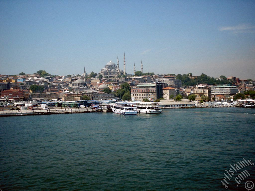 View of coast, (from left) below Rustem Pasha Mosque and above it Suleymaniye Mosque from Galata Bridge located in Istanbul city of Turkey.
