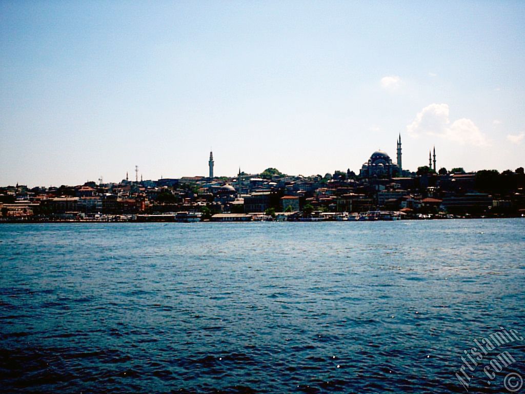 View of Eminonu coast, (from left) Beyazit Mosque, Beyazit Tower, (below) Rustem Pasha Mosque and (above) Suleymaniye Mosque from the shore of Karakoy-Persembe Pazari in Istanbul city of Turkey.
