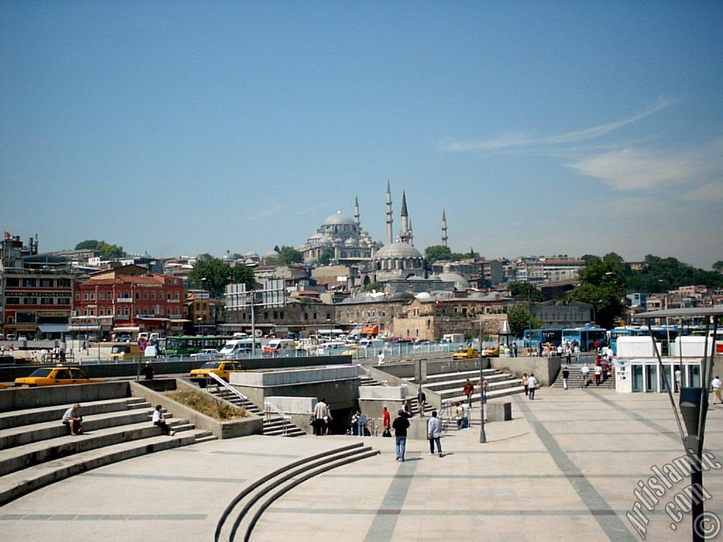 The Square, Rustem Pasha Mosque and above it Suleymaniye Mosque in the district of Eminonu in Istanbul city of Turkey.
