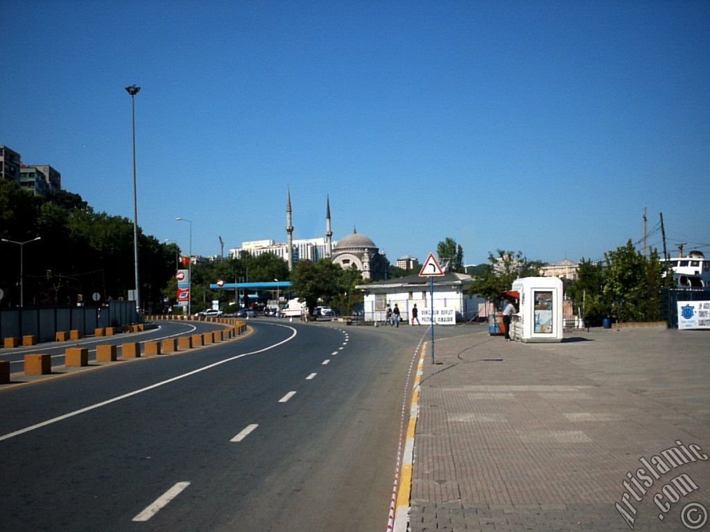 View towards Valide Sultan Mosque from Kabatas coast in Istanbul city of Turkey.

