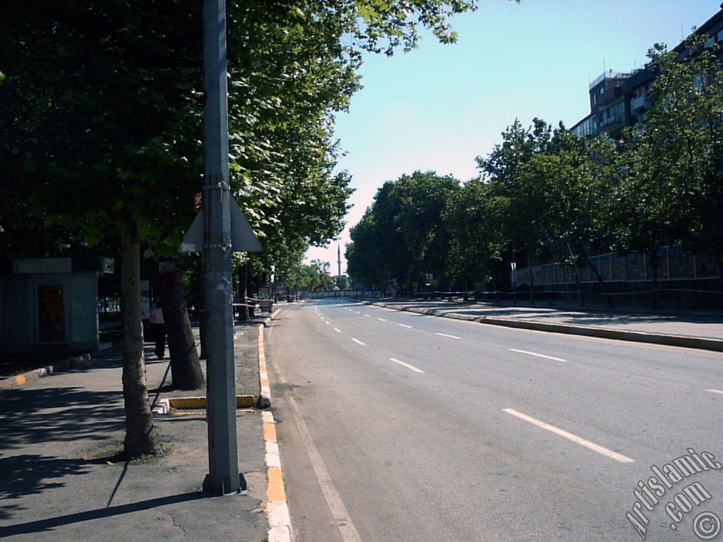 View towards Karakoy district and Nusretiye Mosque`s minaret from Kabatas district in Istanbul city of Turkey.
