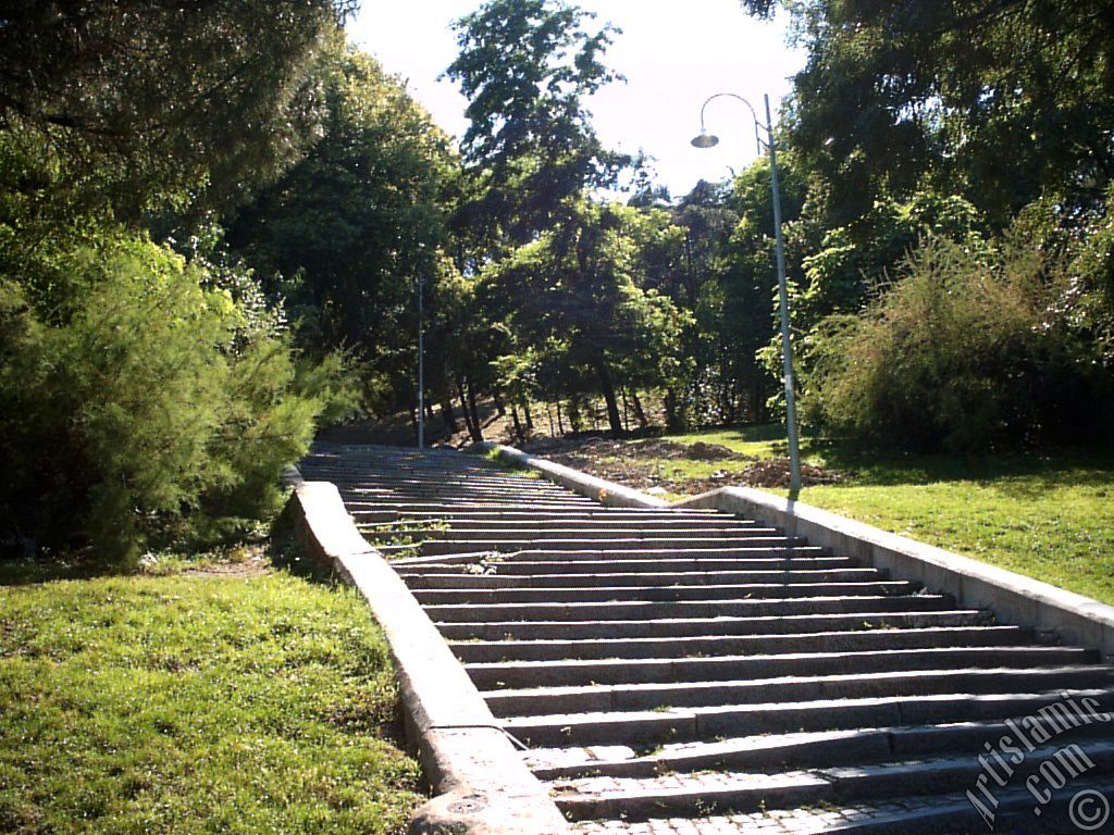 View of a park`s stairs in Dolmabahce district in Istanbul city of Turkey.
