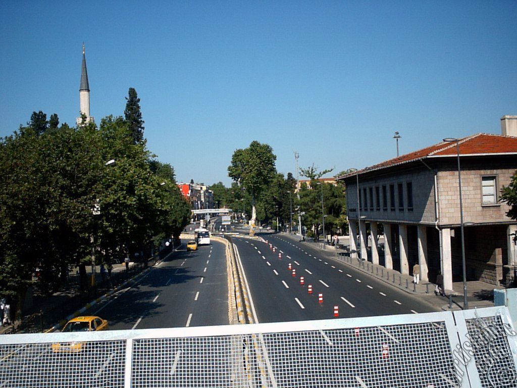 View towards Ortakoy district and minaret of Sinan Pasha Mosque from an overpass at Besiktas district in Istanbul city of Turkey.
