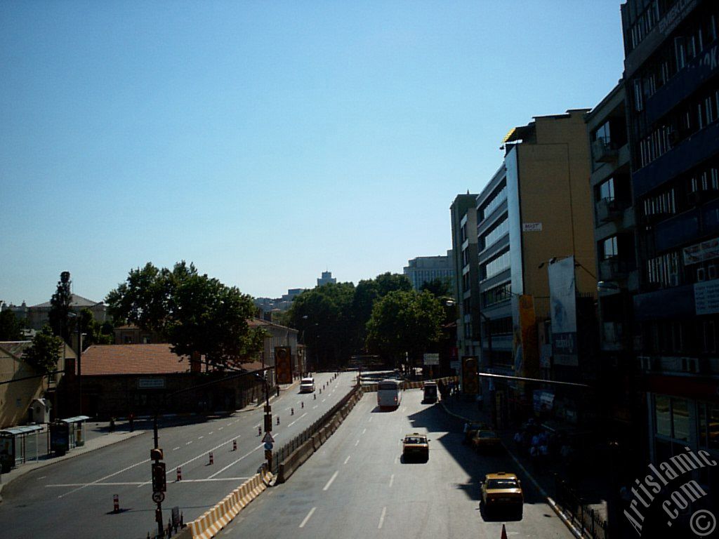 View towards Dolmabahce district from an overpass at Besiktas district in Istanbul city of Turkey.
