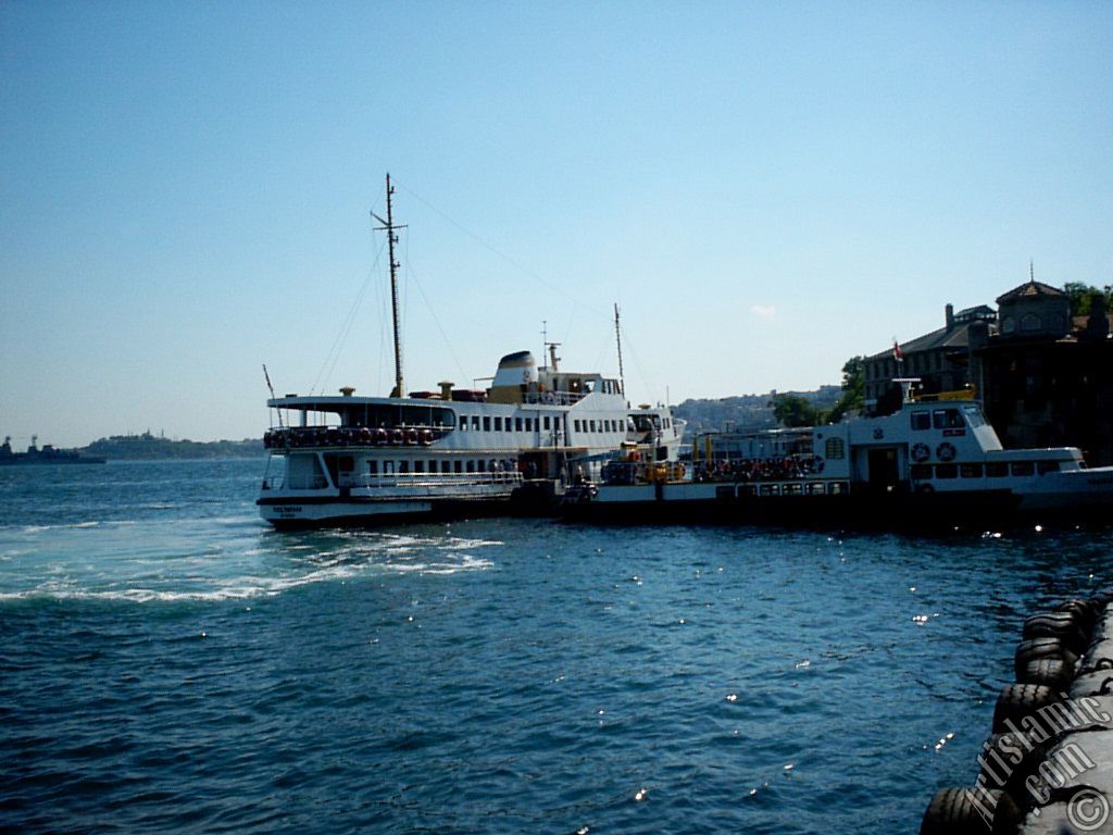 View of a landing ship from the shore of Besiktas in Istanbul city of Turkey.
