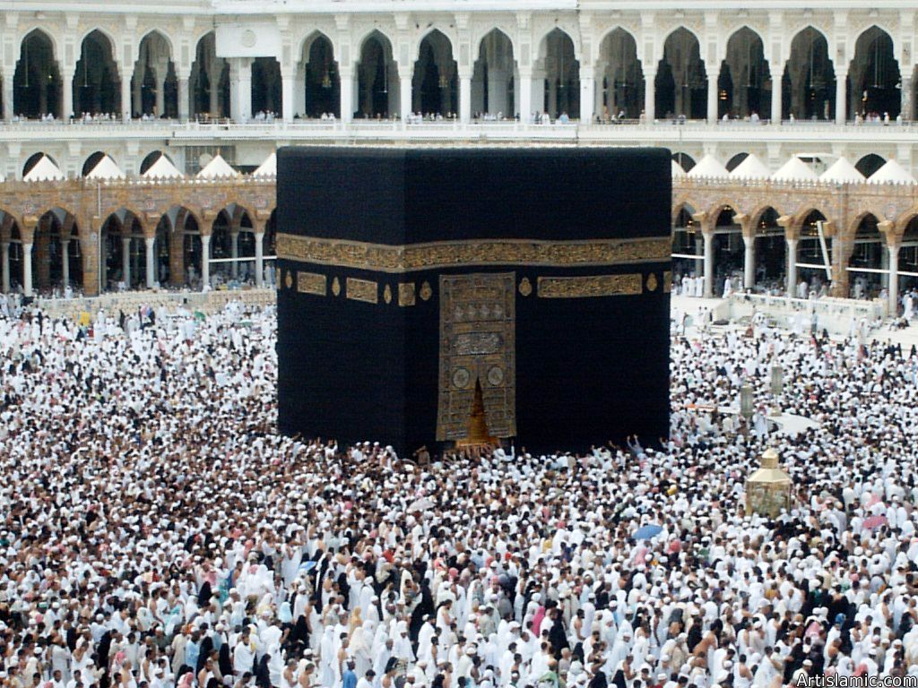 The Holy Kabah, Station of Abraham (golden blond matter on the right), Hicr Esmael (right to Kabah) and the muslims from every counrty circumambulating the Kabah in the Masjed al-Haraam in Mecca city of Saudi Arabia.
